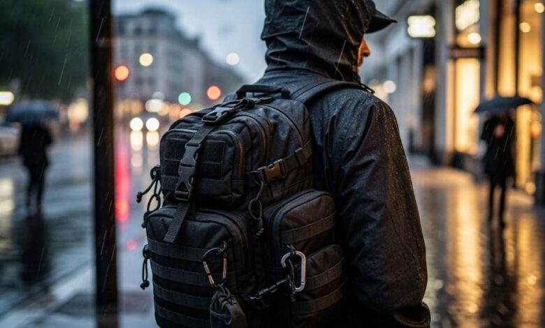 A rugged black tactical backpack with MOLLE webbing slung over a city commuter's shoulder during a rainy urban walk.