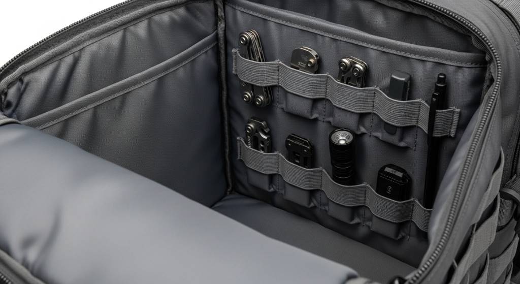 Close-up of organized compartments inside a 5.11 RUSH12 tactical pack, showing laptop sleeve and elastic loops for EDC essentials.