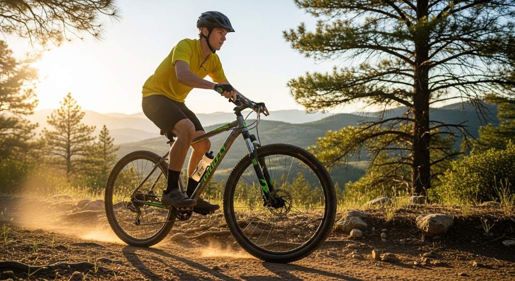 Close-up of disc brakes and knobby tires on an affordable hardtail MTB in 2025.