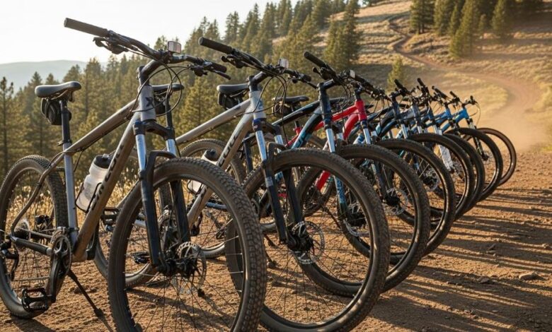 Rider on a budget mountain bike tackling a dirt trail with front suspension absorbing bumps.