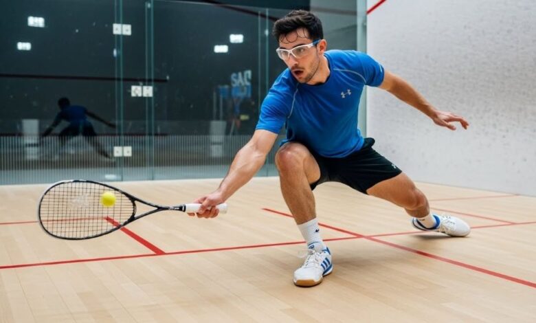 Squash player wearing protective eyewear lunging for ball on indoor court