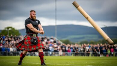 Scottish Highland athlete performing traditional caber toss at outdoor competition with wooden pole flipping end over end
