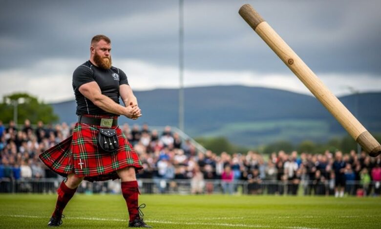 Scottish Highland athlete performing traditional caber toss at outdoor competition with wooden pole flipping end over end