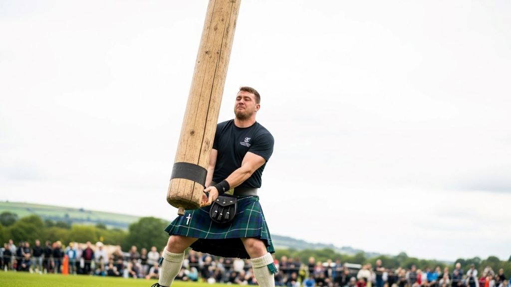 Highland Games competitor holding large wooden caber vertically before tossing in traditional Scottish athletic event