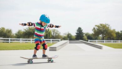 Young child balancing on a colorful beginner skateboard in a park with safety helmet and pads