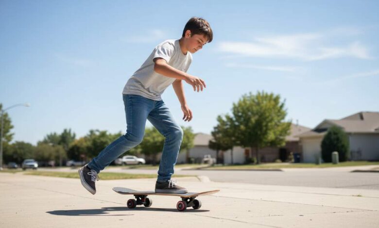 Beginner skater pushing on sidewalk with AXDT-equipped skateboard under sunny sky