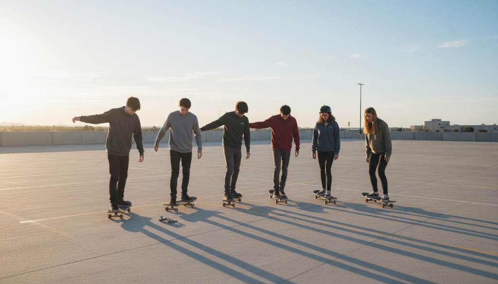 Group of new skaters practicing balance on AXDT sets in empty parking lot