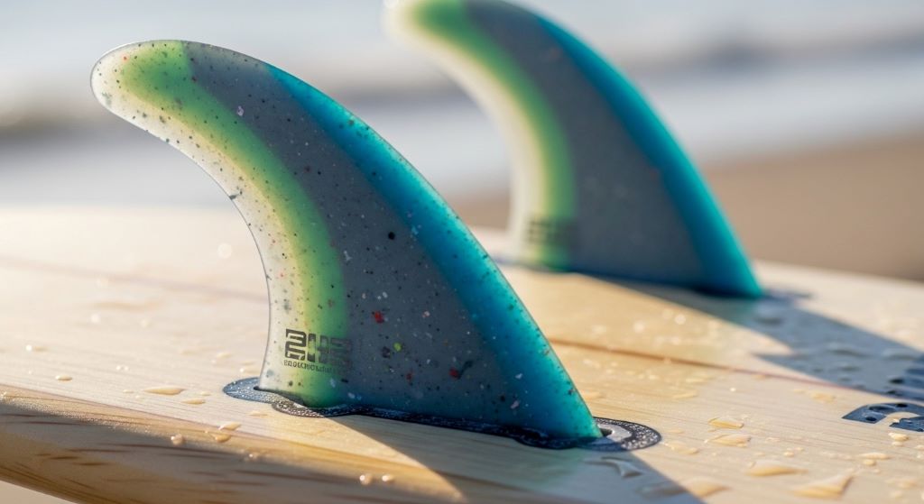 Close-up of eco-friendly surfboard fins made from reclaimed ocean plastic installed on surfboard