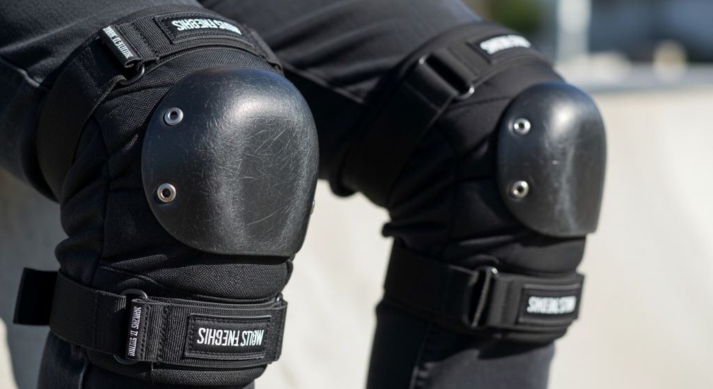 Close-up of high-quality skateboarding knee pads with hard plastic caps and adjustable straps on adult male legs