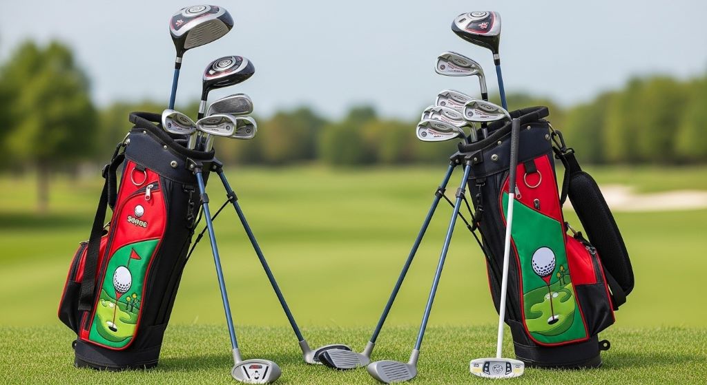 Complete junior golf club set with driver, irons, putter and lightweight bag designed specifically for children learning to play golf