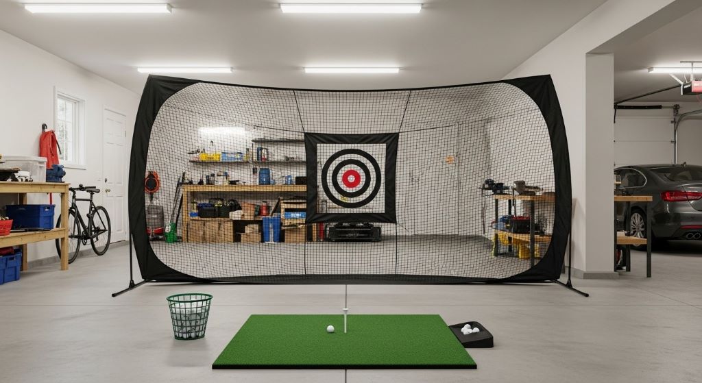 Portable golf practice net set up in garage with hitting mat and golf balls ready for training session