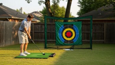 Golfer practicing swing into backyard golf net with target zones in residential setting