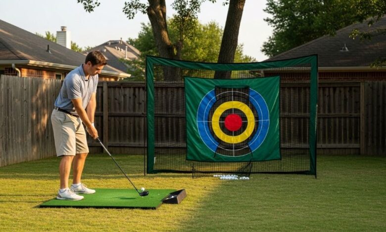 Golfer practicing swing into backyard golf net with target zones in residential setting