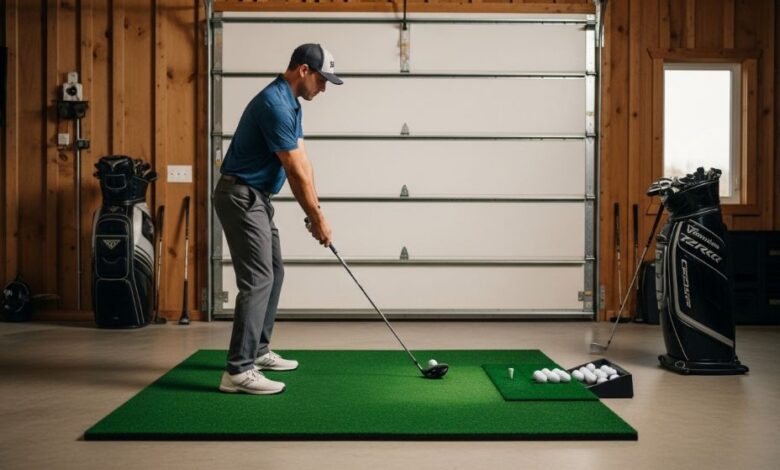 Golfer practicing swing on budget golf mat in home garage with clubs and training balls