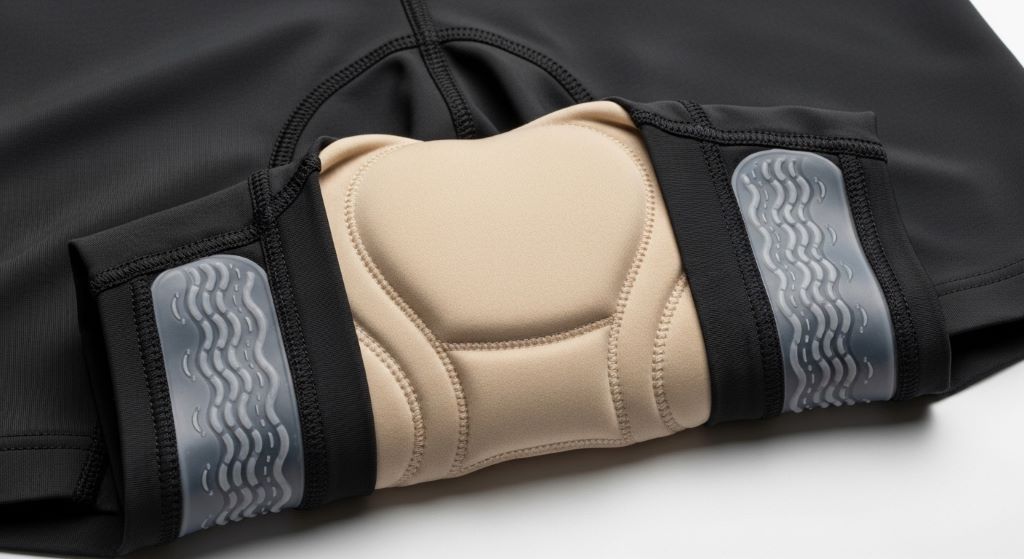 Close-up of affordable men’s cycling shorts showing chamois padding and silicone leg grippers