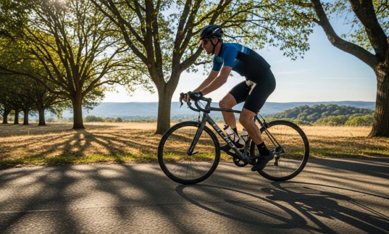 A man wearing black padded cycling shorts while riding a road bike on a sunny paved trail