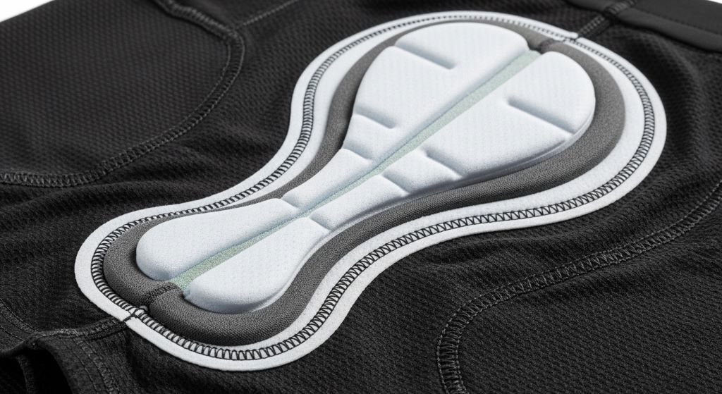 Close-up detail of women's padded cycling shorts showing multi-layer chamois padding and moisture-wicking fabric construction with flatlock seams