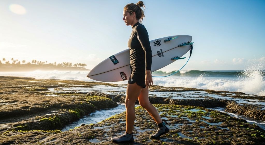 Female surfer wearing protective beach water shoes walking on rocky reef break