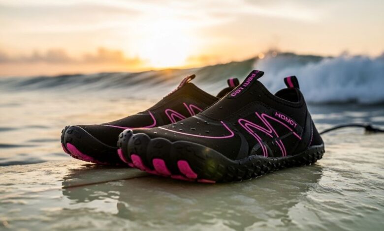 Women's surf water shoes with textured grip sole on surfboard in ocean waves