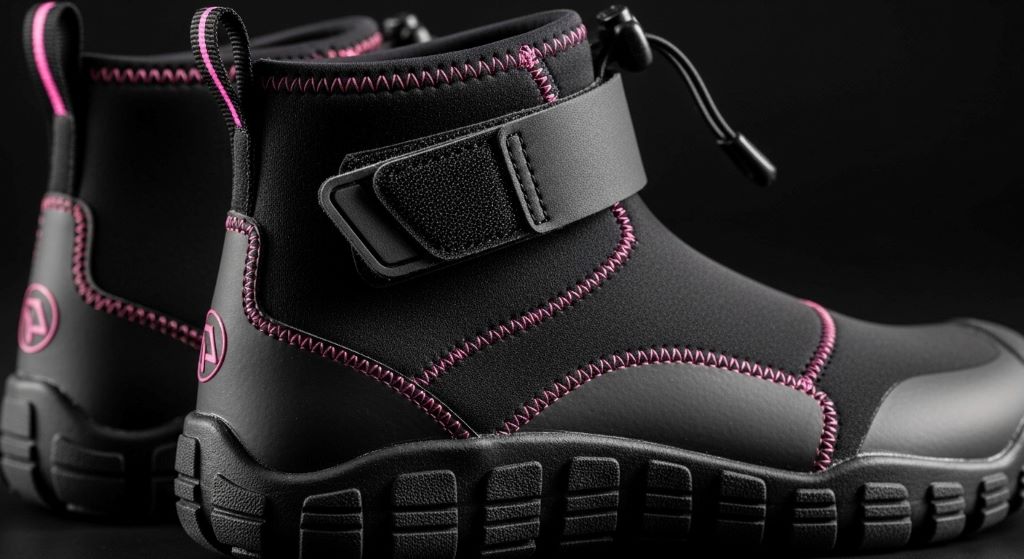 Close-up of women's surf booties showing textured sole and ankle strap closure system