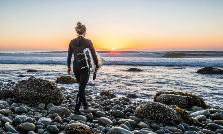Woman wearing black neoprene surf booties walking across rocky beach toward ocean waves