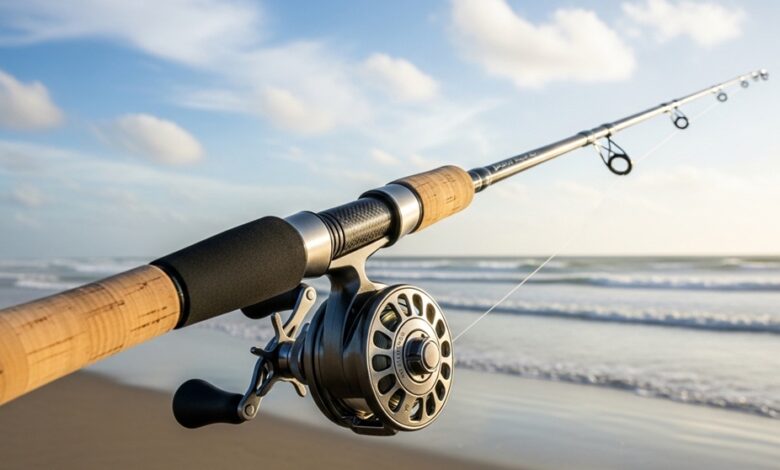 Long casting surf fishing rod setup on sandy beach