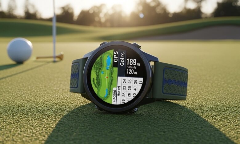 golfer checking smartwatch for golf distance on fairway