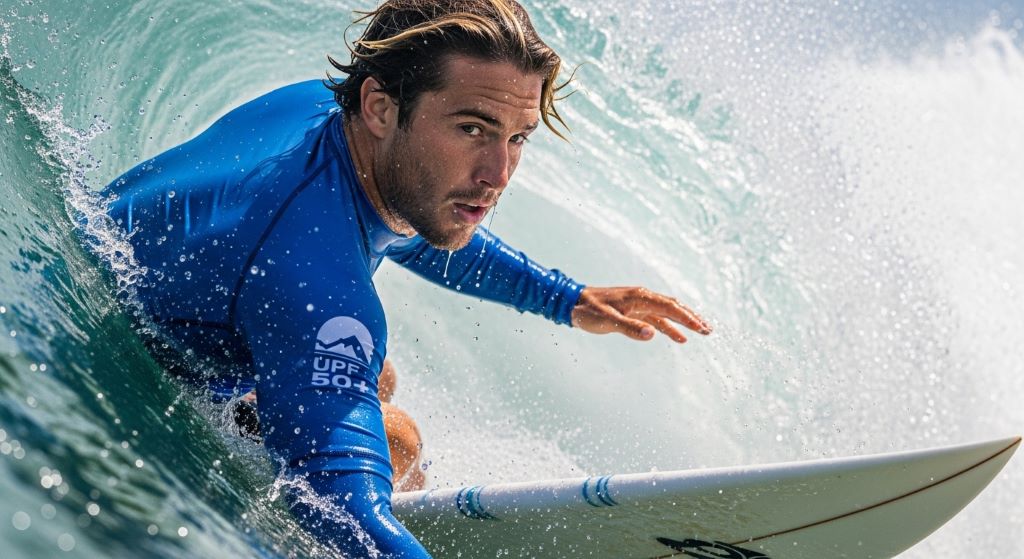 Close-up of a surfer in a UPF-rated long sleeve rash guard on a surfboard