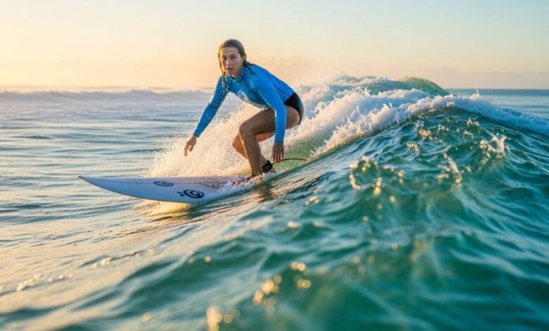Surfer wearing a long sleeve rash guard paddling out through ocean waves