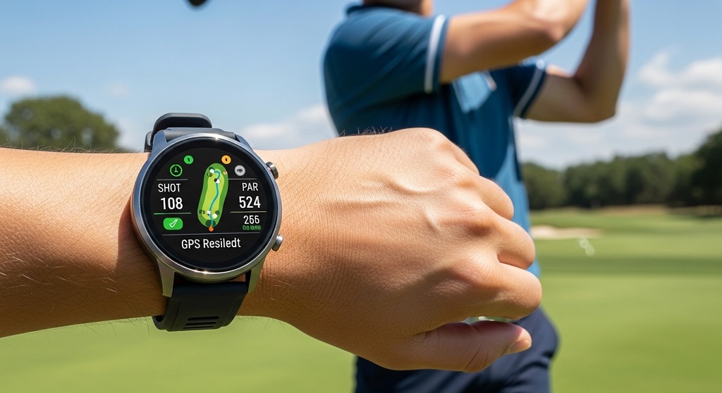 smartwatch for golf displaying course layout and hazard mapping