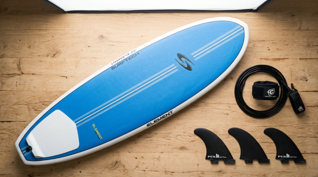 Essential beginner surfing equipment including foam board and fins.