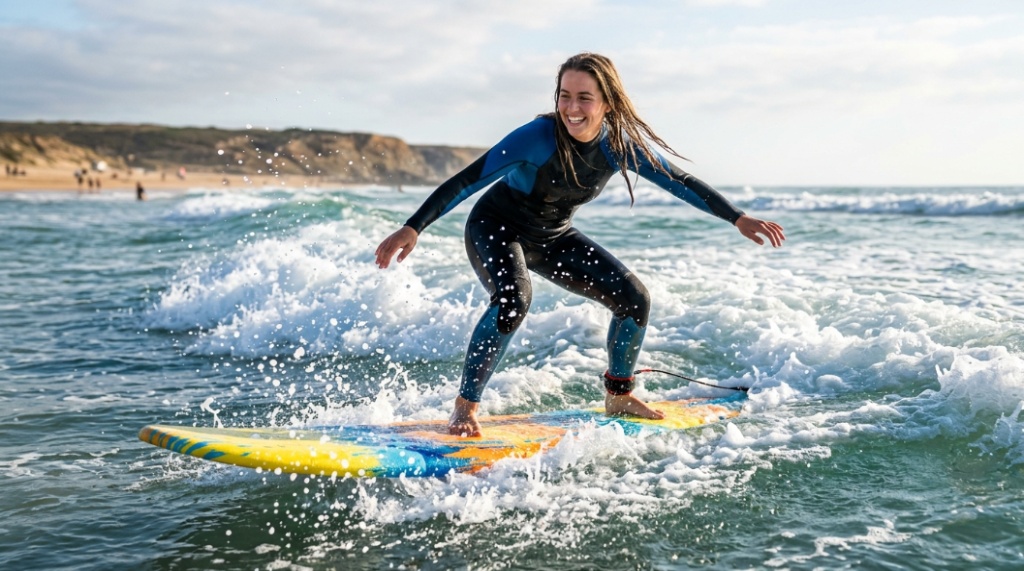 Beginner surfer using a stable foam board for better wave control.
