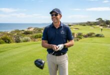 A male golfer holding a modern driver on a sunny Western Australia golf course.