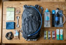 Flat lay of an ultralight hiking hydration kit with a flask, filter, and pack.